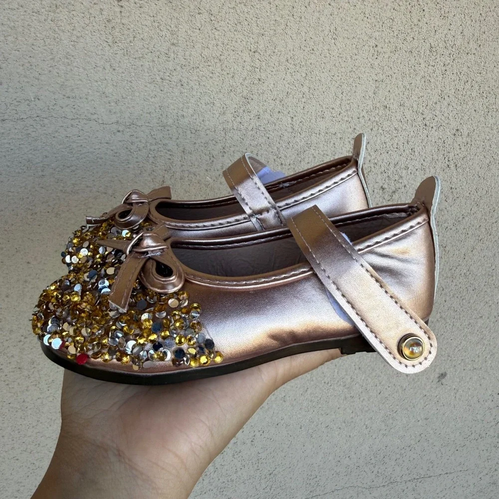 Shao Mary Jane Flats Kids Size 27 Rose Gold Sequin Bow Dress Shoes Sparkly Bling